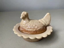 Vintage Mosser Mini Hen on Nest Caramel Slag Glass Trinket Box 2 inch Chicken