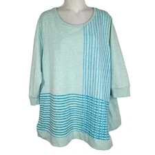 H by Halston Womens Engineered Grid Print French Terry Pullover Top Size 2X Blue