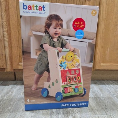 Battat Farm Footsteps Wooden Activity Walker Push Toy with 3 Shapes Baby Toddler