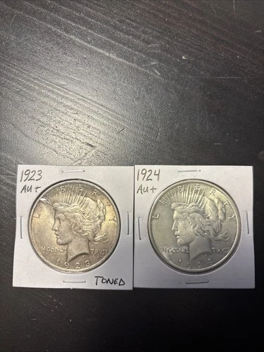 1923 & 1924 U.S. Silver Peace Dollars 2-Coin Lot 90% Silver AU+ Beautiful Coins