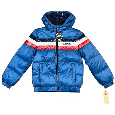 Levis Youth Boys Puffer Jacket Size 8-15 Blue Hooded Full Zip Water Resistant