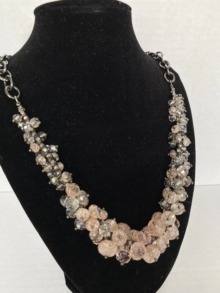 Multi Strand Rose Quartz Gun Metal Bib Necklace Beaded Butterfly Signature - Image 2 of 4