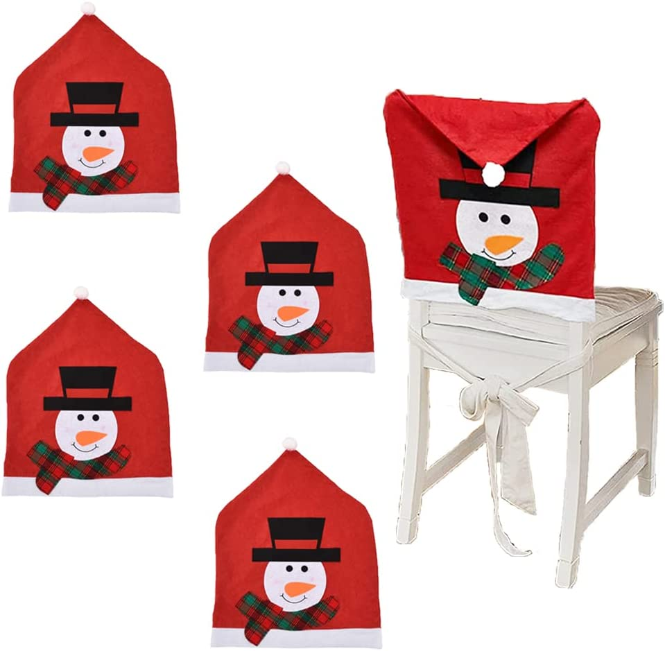 4 PACK Christmas Chair Covers Slipcovers Santa Hat Snowman Chair Back