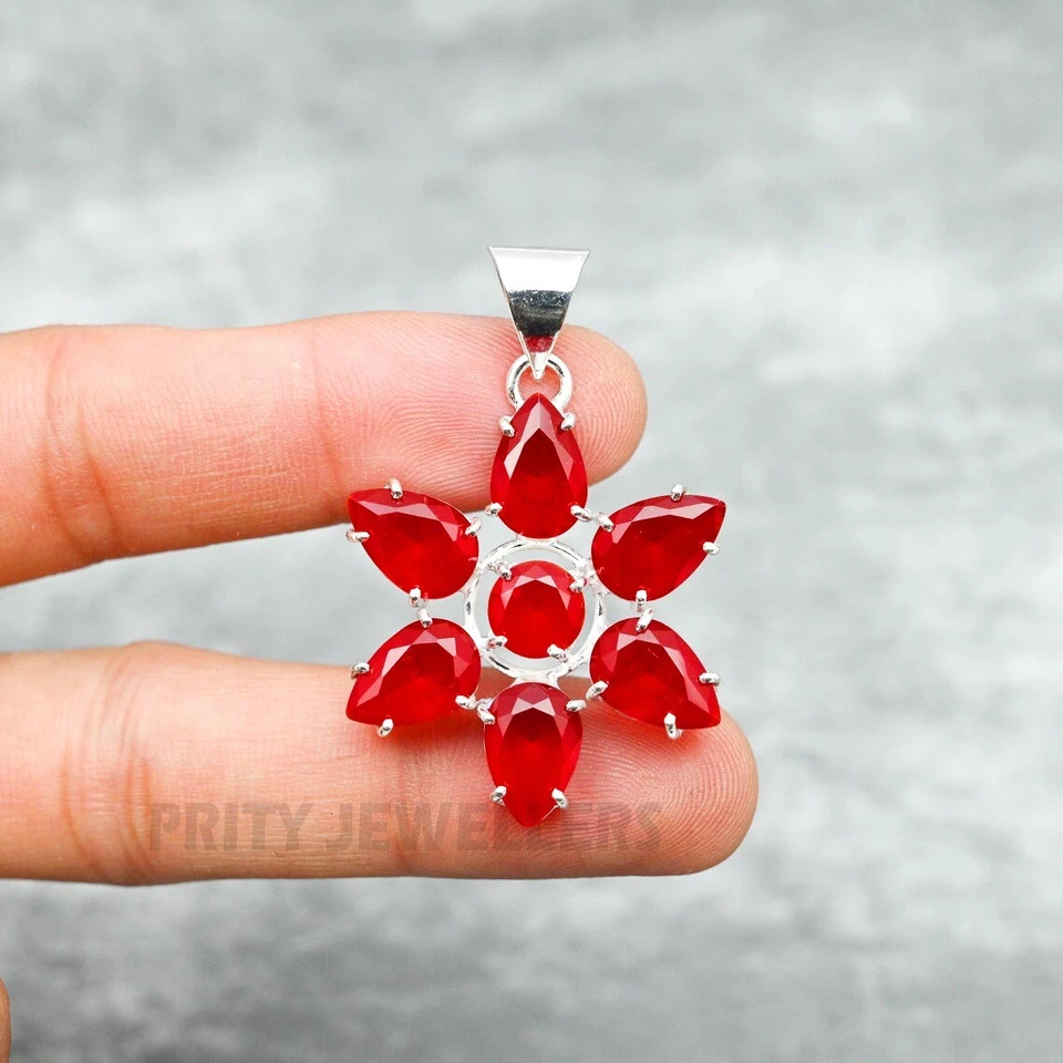 Kashmir Red Flower Pendant 925 Sterling Silver Handmade Jewelry Gift - Image 3 of 4