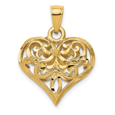 14K Gelbgold glänzend geschliffen offen filigran Fleur-de-Lis Herz Anhänger (groß)