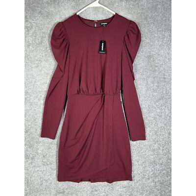 Express Pleated Long Sleeve Faux Wrap Bottom Dress Womens Size XS Maroon NWT