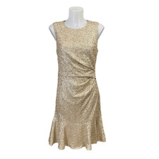 Eliza J Gold Sequin Sleeveless Flapper Dress Ruched Side Ruffled Hem Sz 8