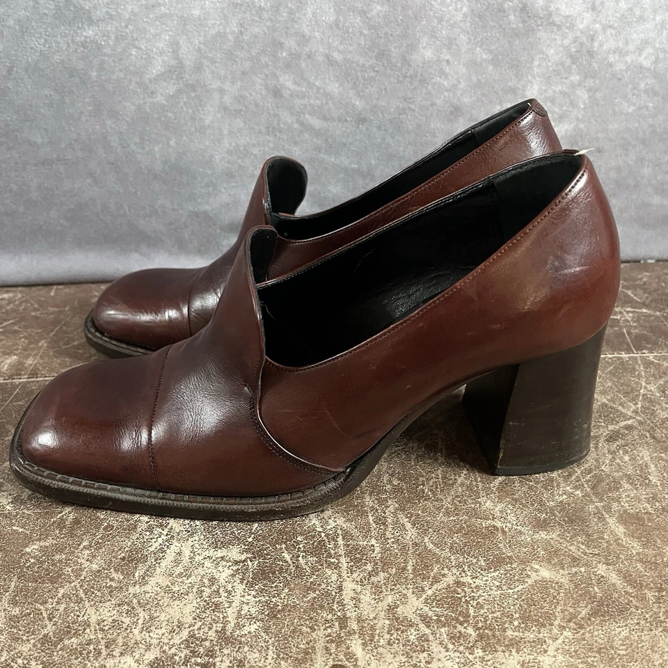 Vintage CHARLES DAVID Brown Leather Block Heels Shoes Womens 37 Made In Italy - Image 3 of 4