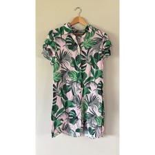 Alice + Olivia Tropical Palm Leaf Print Pink Green Button Down Mini Dress XL