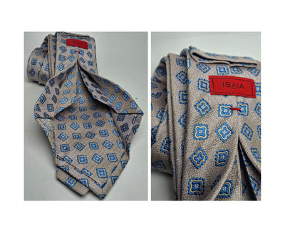 ISAIA 7 Fold Tie Men Silk Champagne Foulard Medallion Quiet Luxury 3.25''x 60''