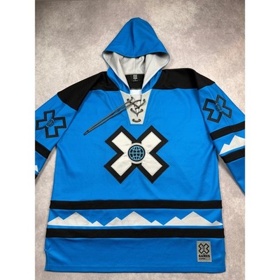 X Games Aspen 2025 Hooded Hockey Jersey Blue Black Lace Up Men M Embroidered