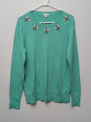 DR2 Merona Womens Sz XL Green Pullover Long Sleeve Sweater With Rhinestone Neck