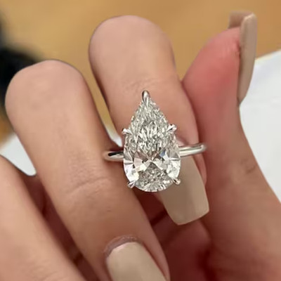 Solid 14K White Gold 9CT Pear Cut Lab Grown Diamond Solitaire Style Gift Ring
