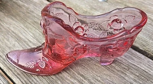 Fenton Ruby Cabbage Rose Glass Slipper