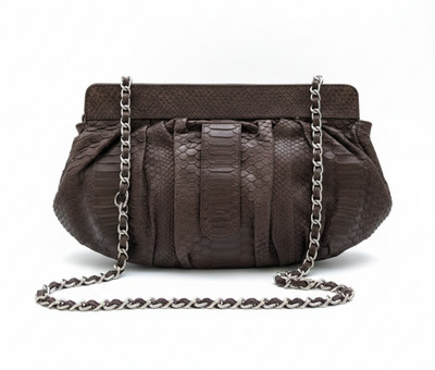 Genuine Python Leather Shoulder Clutch   Dark Brown Exotic Snakeskin Bag