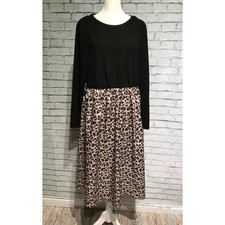 SHEIN CURVE Women 1XL Black Leopard Mixed Media Ribbed Knit Midi Dress Staple