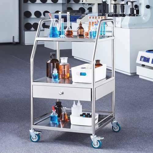 VEVOR Carro de Laboratorio con Ruedas de Acero Inoxidable de 3 Niveles, 1 Cajón - Imagen 8 de 12