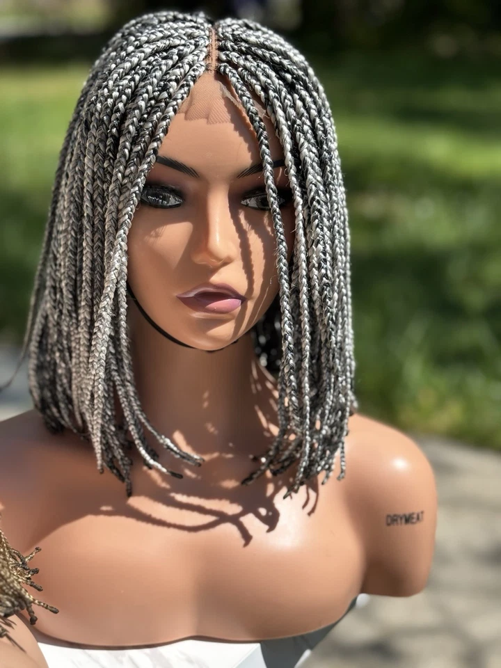 Cierre Bob Gris Sal Pimienta Peluca Trenzada | Peluca Trenzada Peluca Negra | Listo para enviar Foto 3 de 3