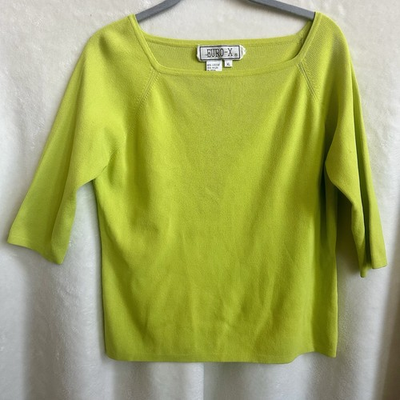 #ad Women’s Euro X Chartreuse Viscose Knit Top Size XL 3 4 Sleeve Lime Green Vintage $39.00