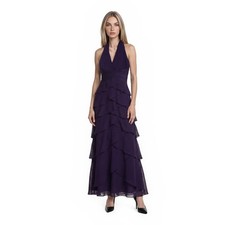 Tadashi Halter Evening Dress Women's Size 4 Purple 100 Silk Tiered Gown Wrap