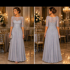 Alex Evenings Blue Lace Bodice Chiffon Floor-Length Formal Dress 3/4 Sleeves