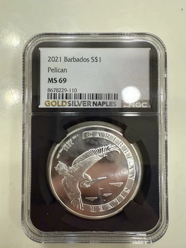2021 NGC MS69 Barbados $1 Pelican Coin 1oz Pure Silver 