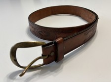 Vintage Brown Leather Belt Embossed 1.5" w/Antique Gold Buckle USA 32" SML-MED
