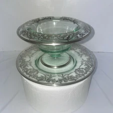 Vtg Green Depression Glass With Sterling Overlay Compote And Under Plate