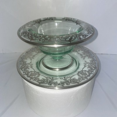 Vtg Green Depression Glass With Sterling Overlay Compote And Under Plate