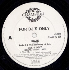 RAZE - BREAK 4 LOVE / ALL 4 LOVE - 12” VINYL RECORD - 90S OLD SKOOL CLASSIC DJ