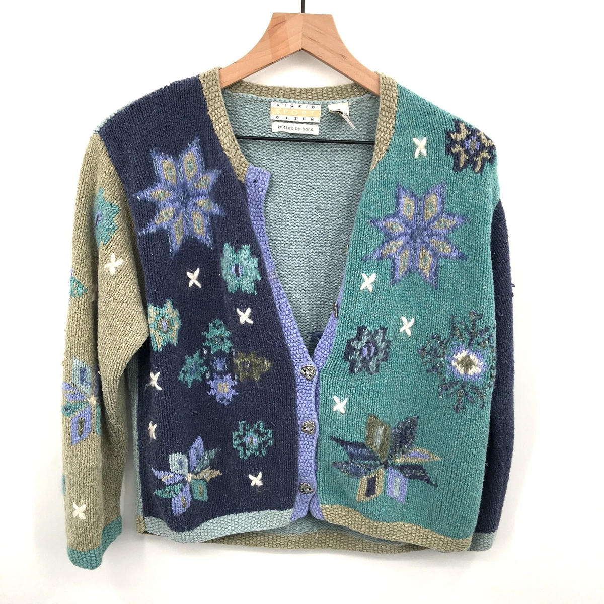 vintage Sigrid Olsen Sport cardigan sweater silk blend blue floral