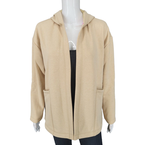 Isaac Mizrahi Live Soho Plush Back Hooded Open Cardigan Medium Sz Beige Pockets
