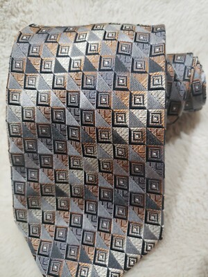 Foggia Mens 100% Silk Necktie Geometric Squares Browns Grays 