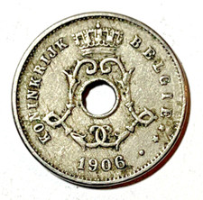 1906 Belgium 5 centimes Coin Center Hole Flanked by Olive Sprig Europe