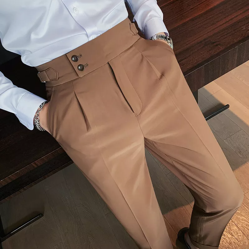 Men Retro High Waist Suit Pants Straight Trousers Buckle Pants Bermuda Slim  Pant