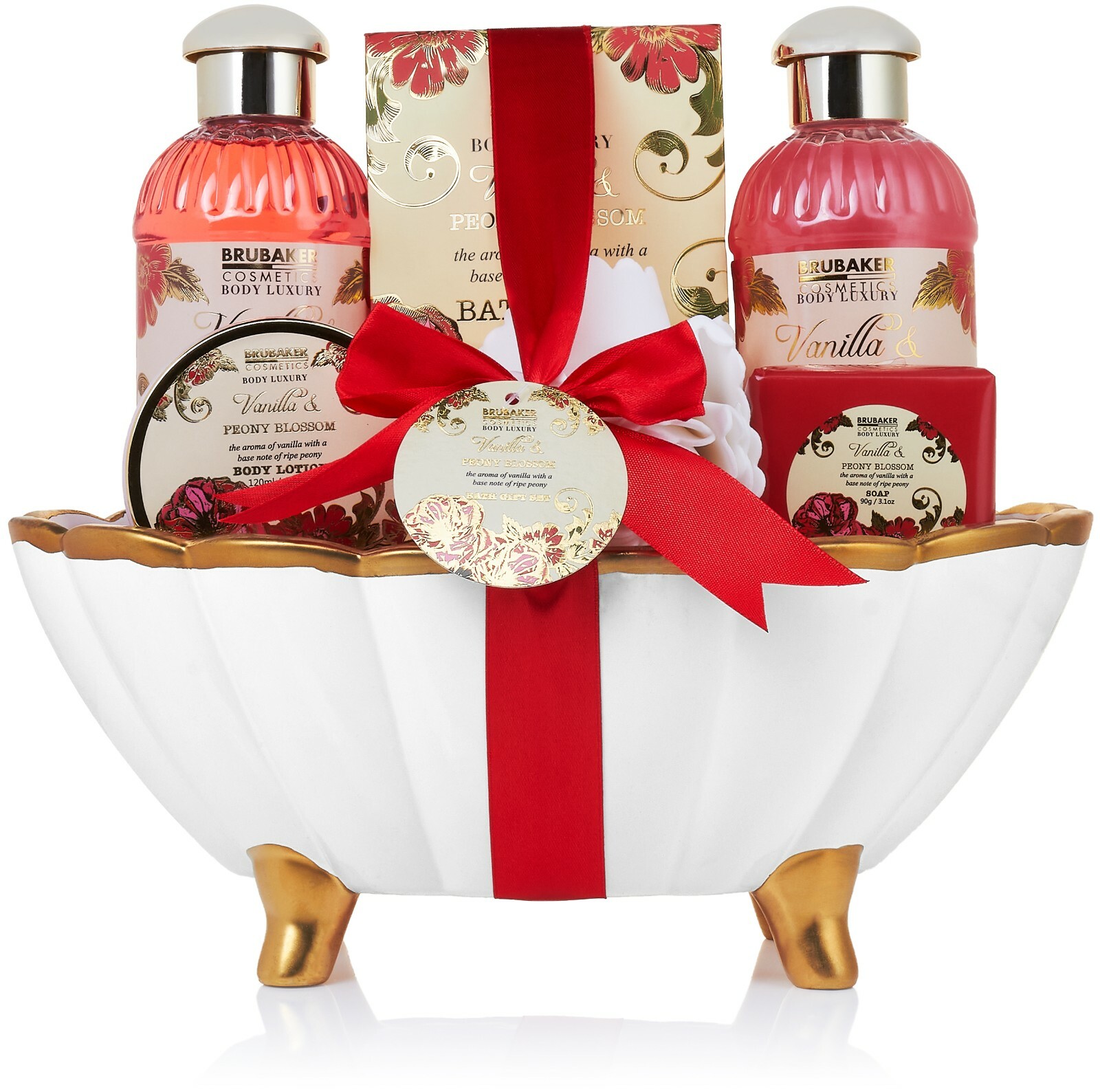 BRUBAKER Peony Vanilla Ceramic Bath Tub Womens Gift Set for Her Ladies Women