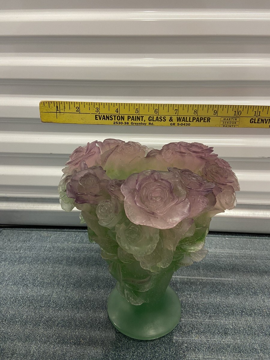 Daum France Pate De Vere Crystal “Roses” LARGE Vase 11.75” H Pink