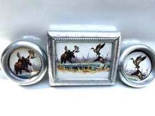 Swexey Vintage Silver Beaded Card Box Brown & Bigelow and Coasters Beaded