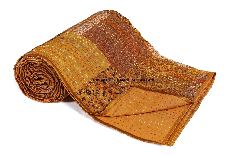 Colcha Kantha Edredón Retazos Seda India Hecha a Mano Manta Talla King Foto 2 de 3
