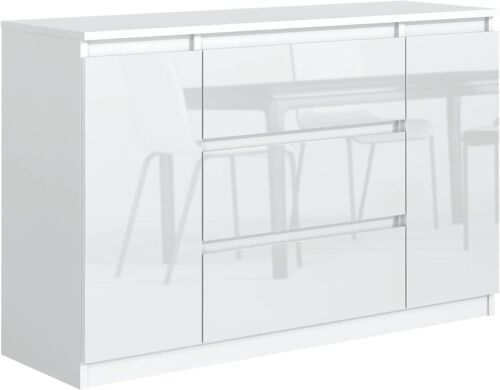 Kommode Weiss Hochglanz mit 3 Schubladen und 2 Türen 120 cm - Schubladenschrank - Bild 1 von 3