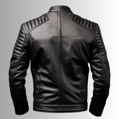 Men's Black Real Leather Biker Jacket Quilted Shoulder Slim Fit Motorcycle Zip