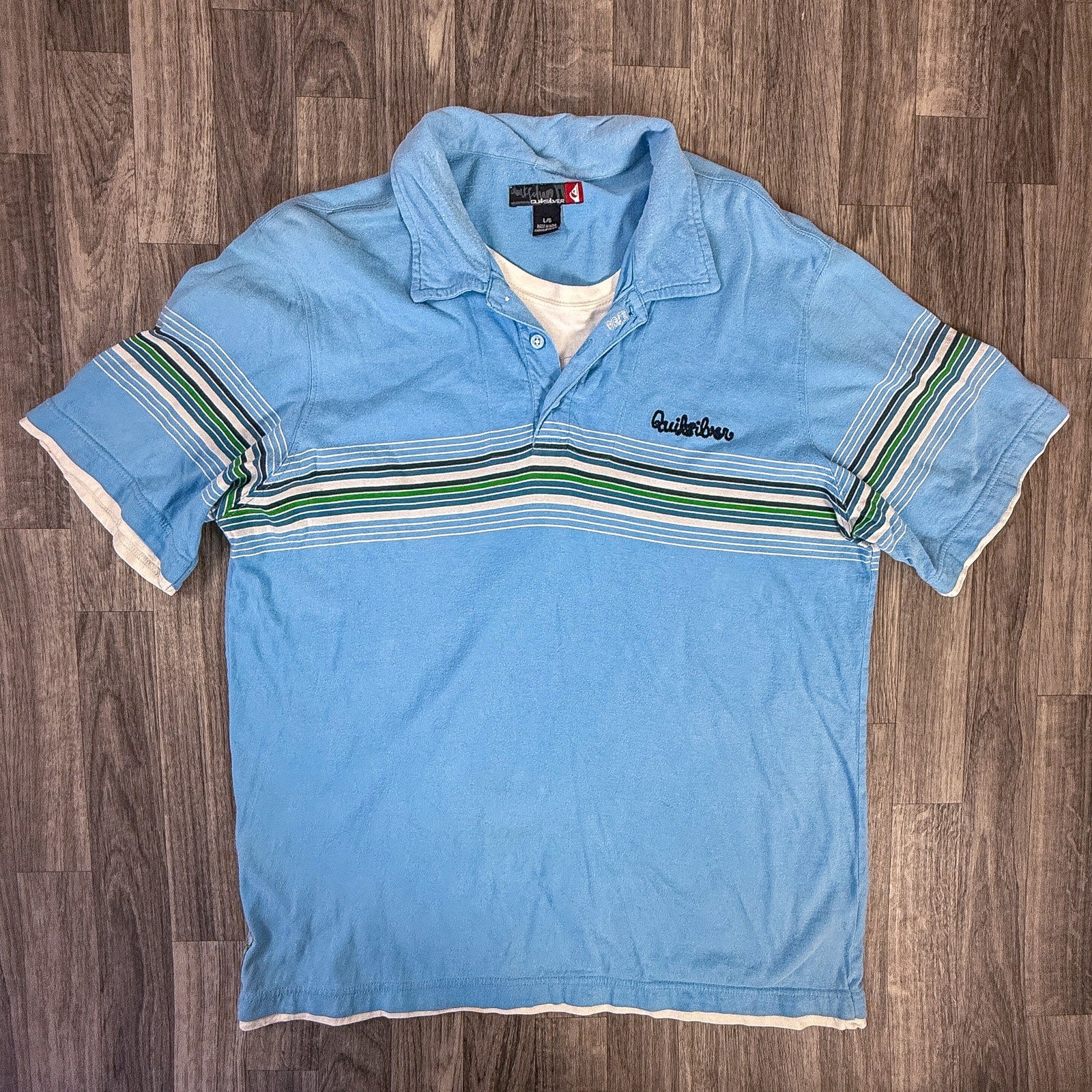 Quiksilver Light Blue Striped Polo Shirt Vintage Surf Logo 100% Cotton Large