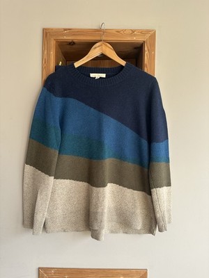 Seasalt Cornwall Zennor Moor Jumper UK 12 Merino Wool Blend Blue Brown Wave Knit