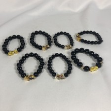 Black Beaded Feng Shui Pixiu Dragon Wealth Bracelet Gold Tone Stretch Beads