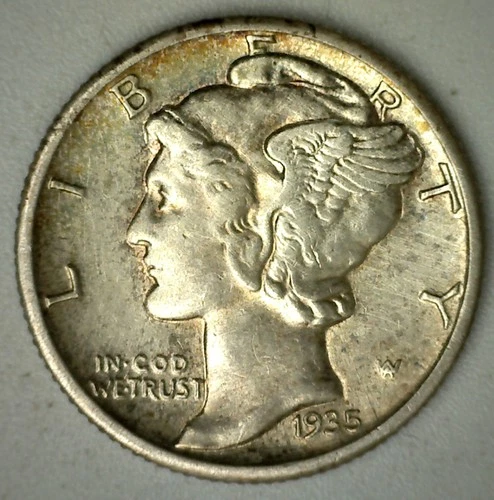 1935 S Mercury Silver Dime 10c US Type Coin San Francisco Uncirculated Toning