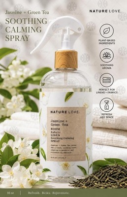 NATURE LOVE Jasmine + Green Tea ROOM Fabric LINEN Soothing Calming SPRAY 16 oz