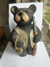 Rare 2004 Young's Inc Resin Black Bear Wearing Vest Duck Hunter Money Coin Bank