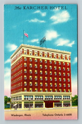 #ad Waukegan IL Illinois The Karcher Hotel Antique Vintage Souvenir Postcard $0.99