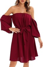 Womens Summer Off Shoulder Chiffon Mini Dress Waist Tie Belted Ruffle Sexy Short