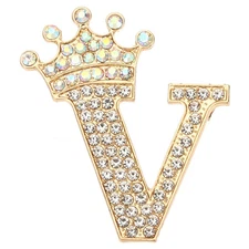 Letter Brooch Pins, Crown Initial Rhinestone Alphabet V Letter Lapel Badges Pin